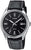 Montre Casio pour homme avec bracelet en cuir noir, cadran rond noir et lunette argentée