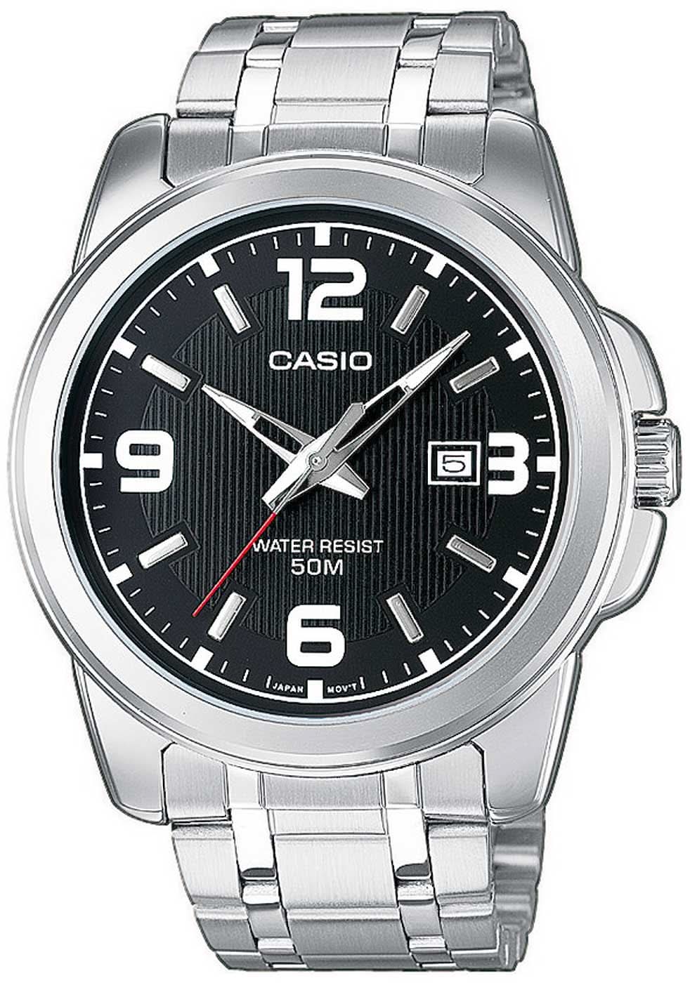 Montre Casio pour homme : bracelet en acier inoxydable argenté, cadran noir, analogique, guichet date, 50 m
