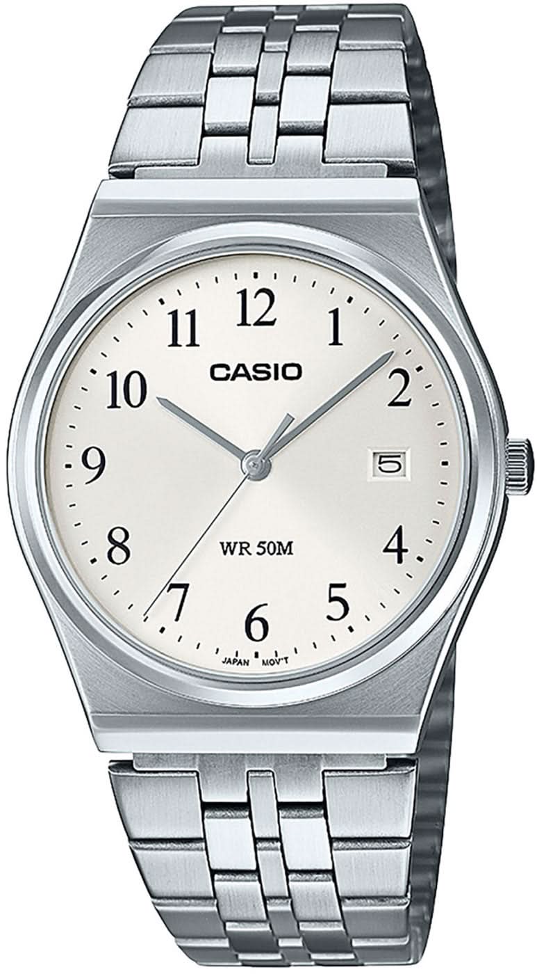 Bracelet de montre pour homme en acier inoxydable argenté, cadran blanc, affichage de la date et CASIO