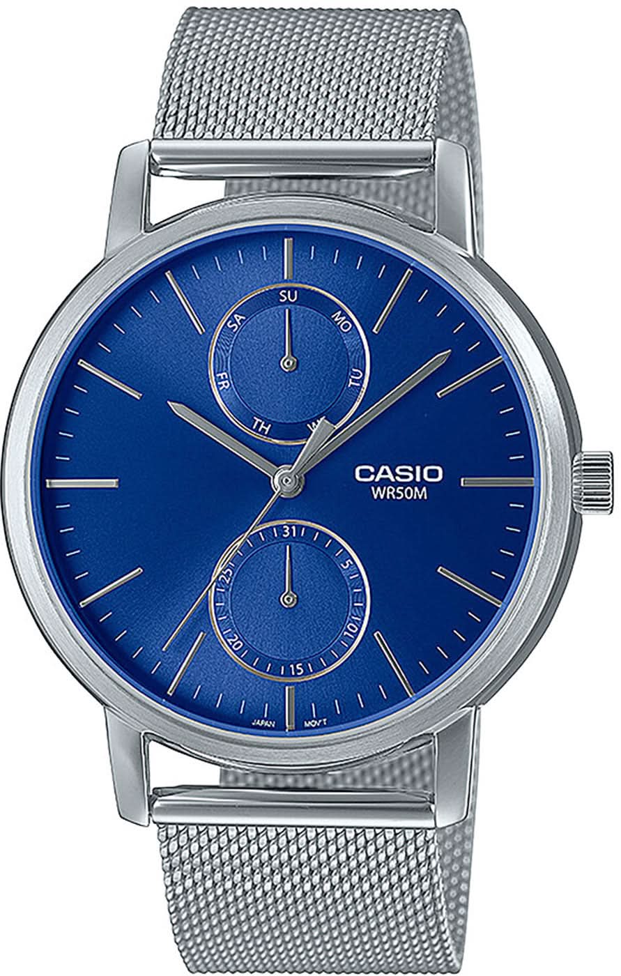 Montre homme avec bracelet en maille métallique argentée et cadran rond bleu
