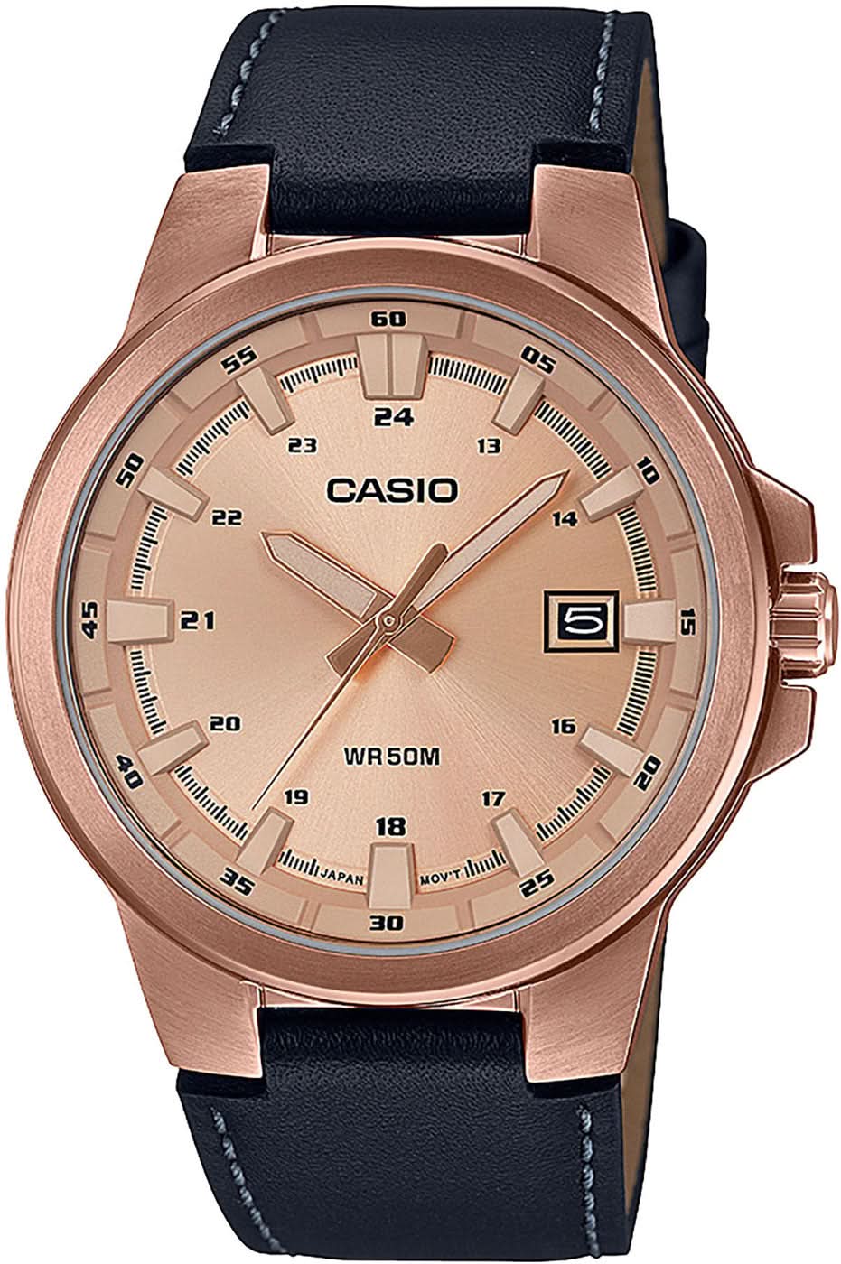 Bracelet montre avec boîtier couleur or rose, cadran beige et bracelet en cuir bleu foncé