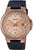Bracelet montre avec boîtier couleur or rose, cadran beige et bracelet en cuir bleu foncé