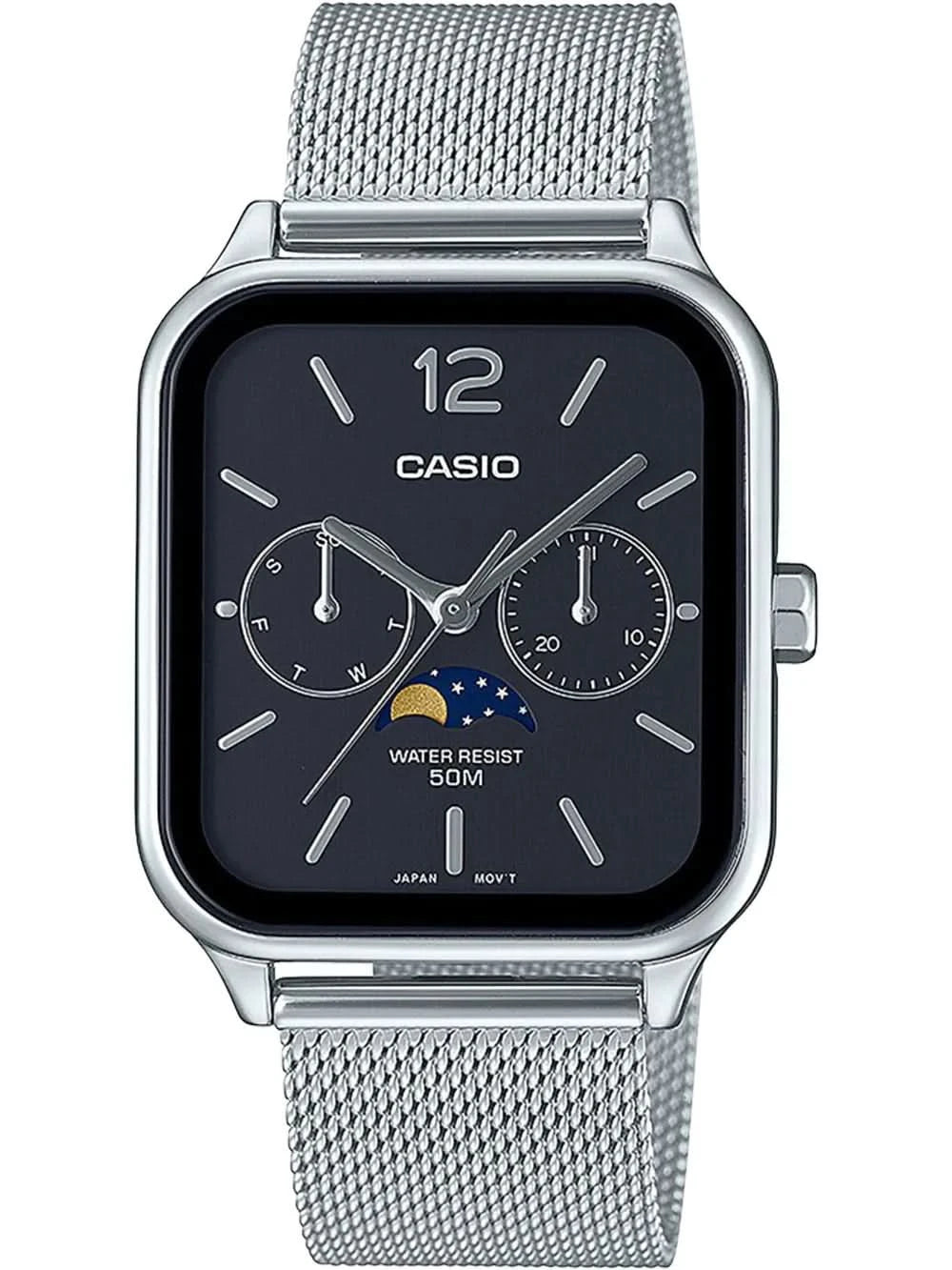 Montre homme avec bracelet en maille d'acier inoxydable, cadran sombre et affichage des phases de lune, CASIO