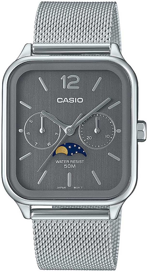 Montre homme avec cadran sombre, affichage des phases de lune et bracelet en maille argentée