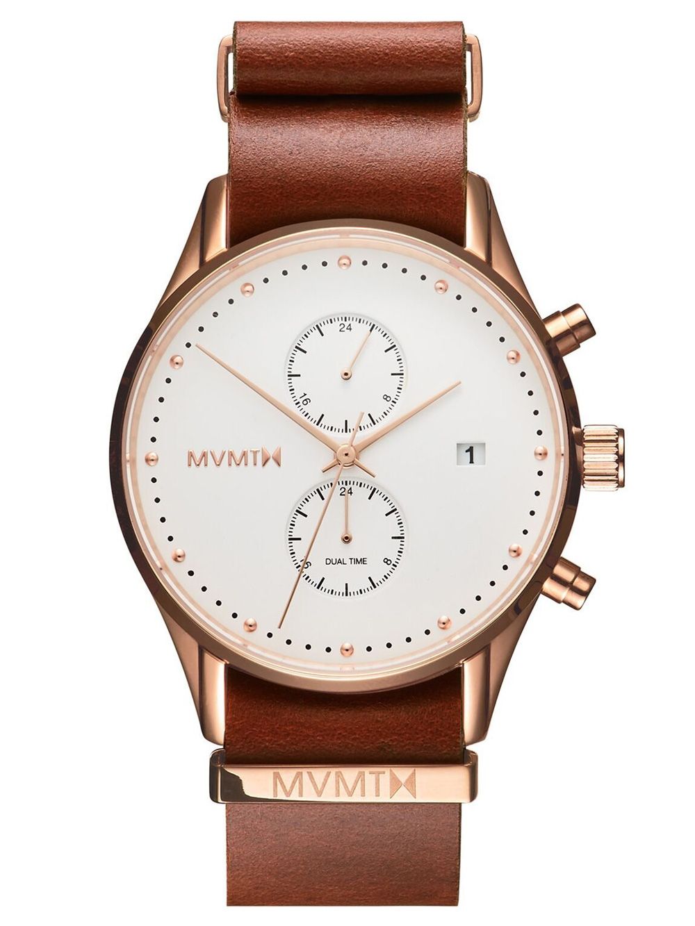 Herren-Armbanduhr mit braunem Lederarmband, roségoldfarbenem Gehäuse und weißem Zifferblatt