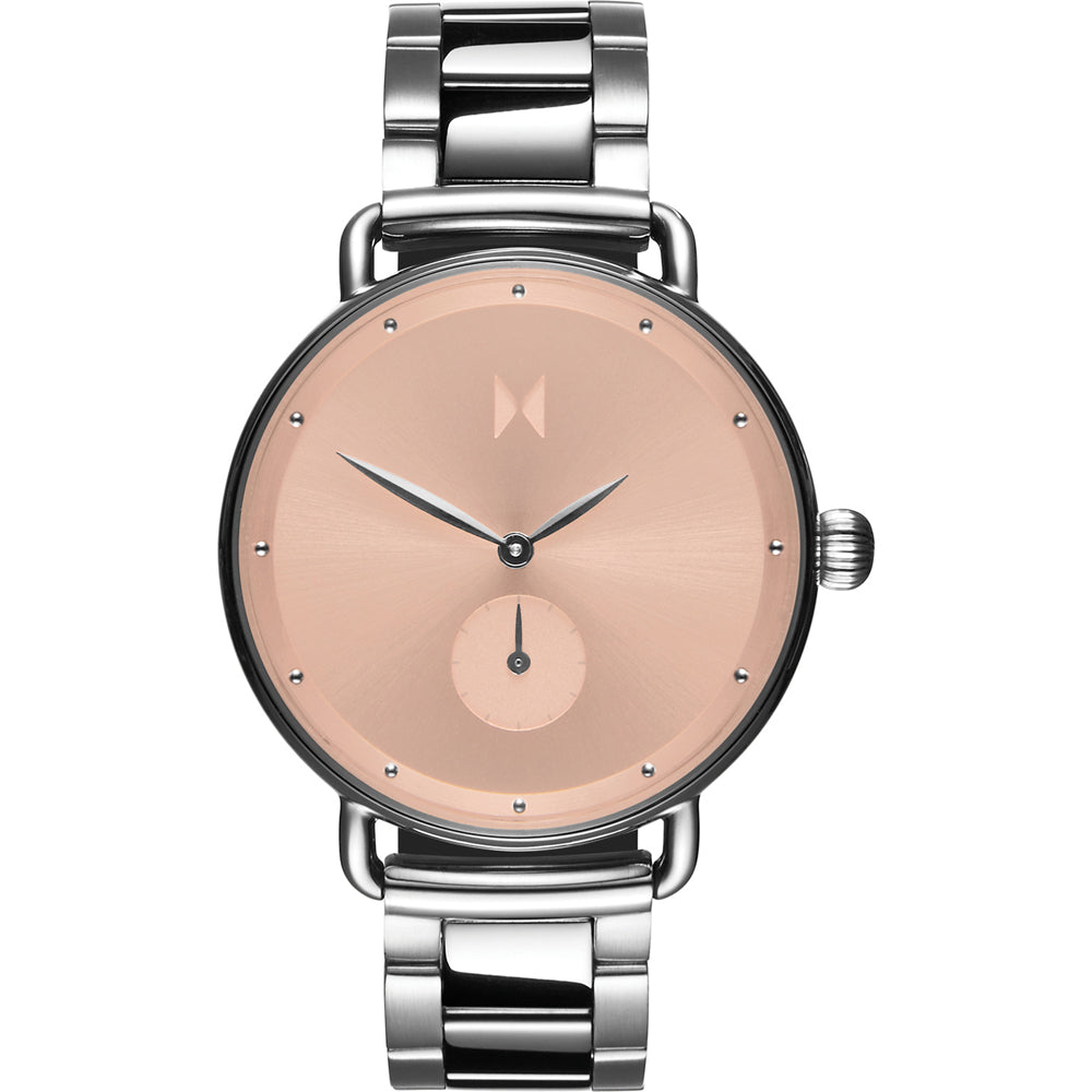 Silberne Herrenarmbanduhr mit rosafarbenem Zifferblatt, runder Lünette und Metallband