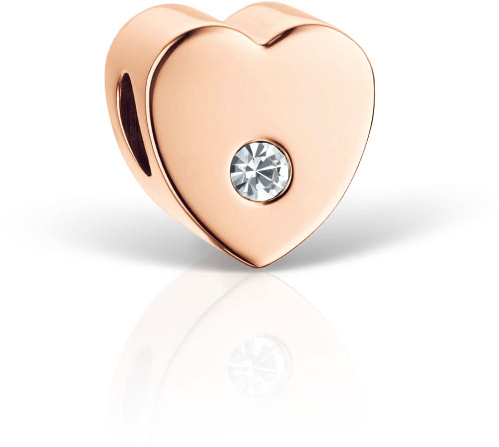 Charme en acier inoxydable en forme de cœur avec monture plaquée or rose et pierre ronde