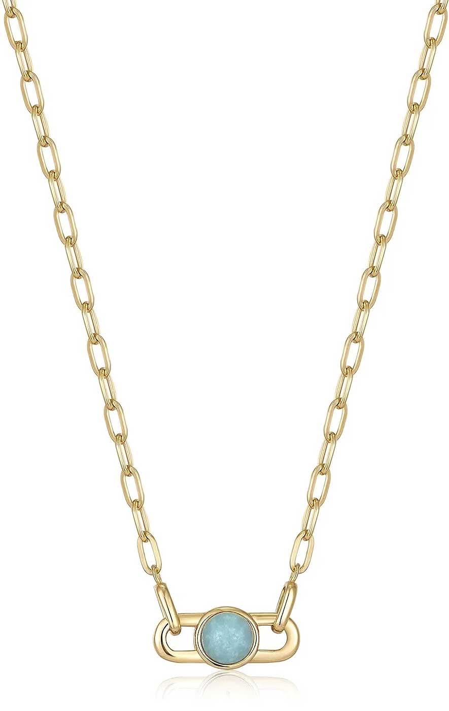 Collier doré avec pendentif ovale et pierre bleu turquoise