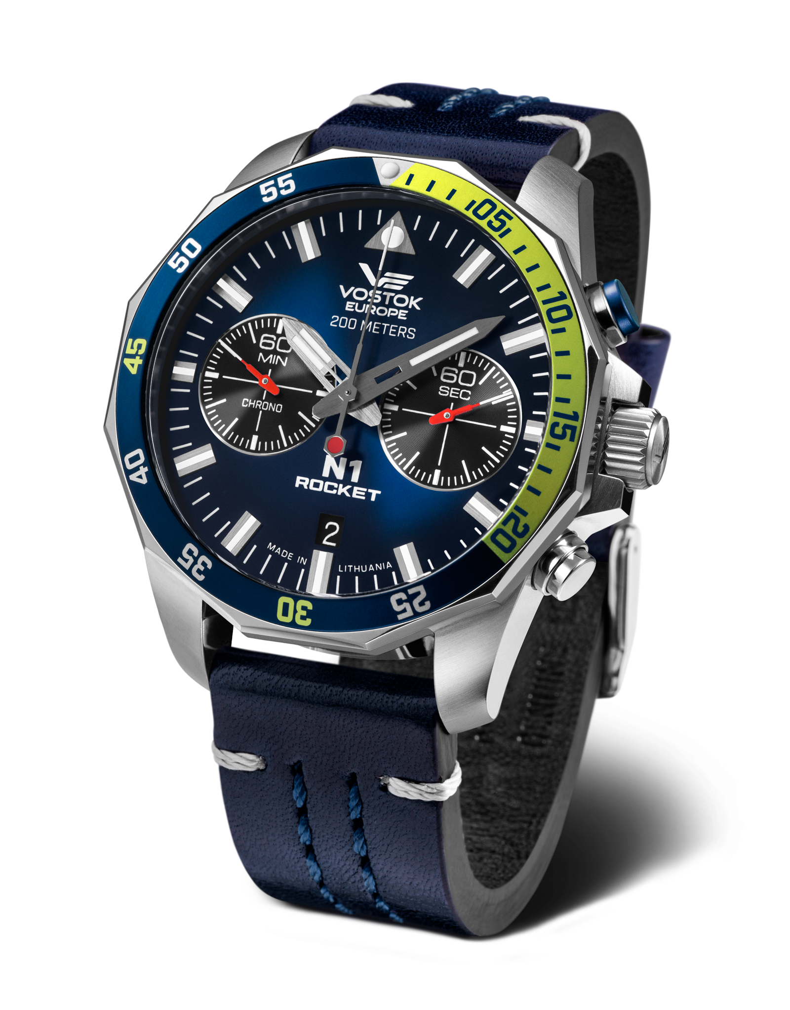 Vostok Europe herrklocka Rocket N1 med blå urtavla och mörkblått läderarmband