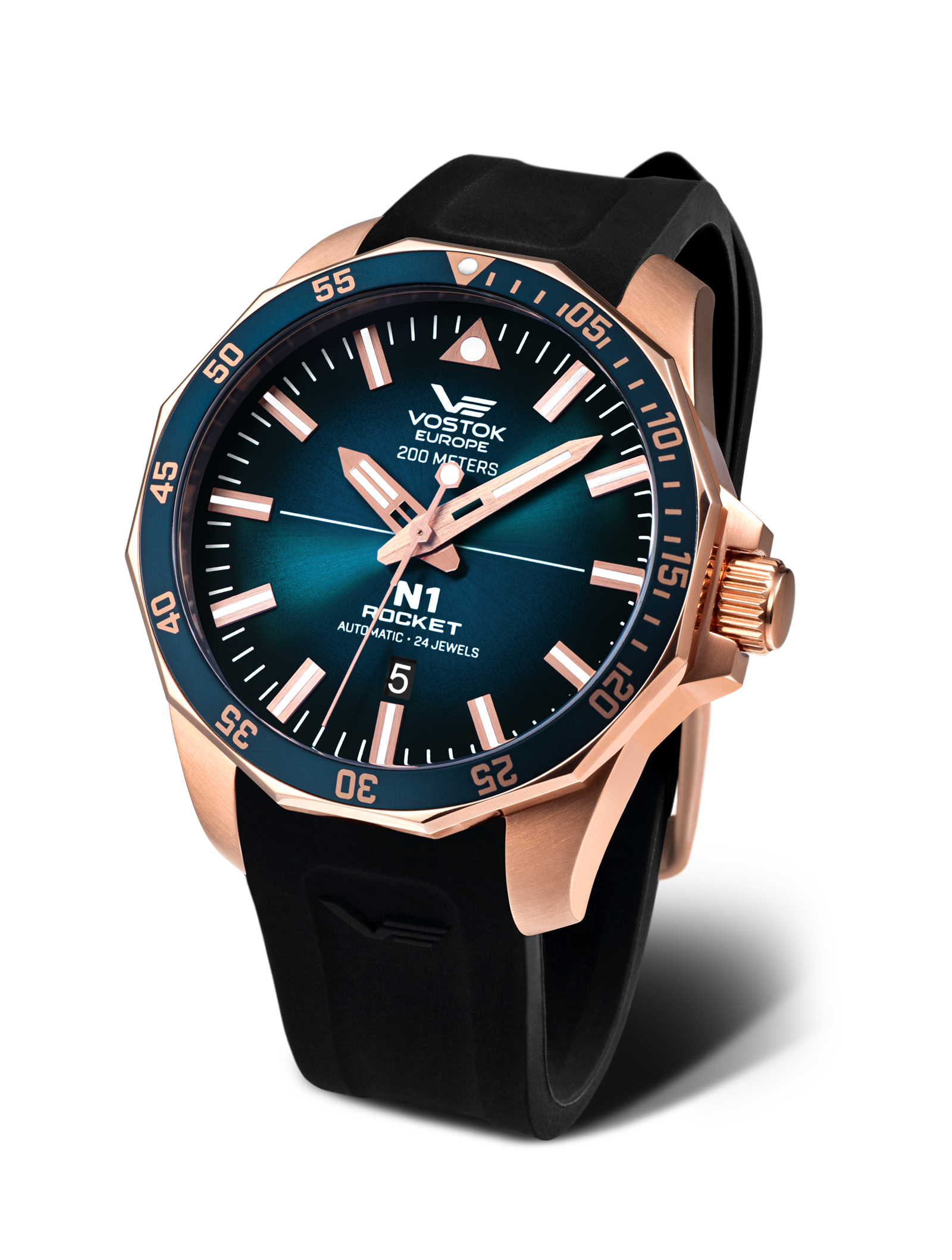Vostok Europe herrklocka med blå urtavla, roséguldfärgad boettring och svart armband