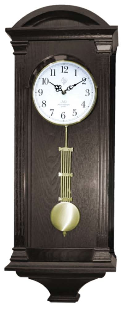 Wanduhr aus dunkelbraunem Holz mit rundem Zifferblatt und schwingendem Pendel