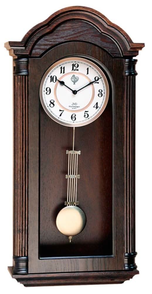 Horloge murale en bois foncé avec cadran rond et régulateur à poids visiblement suspendu