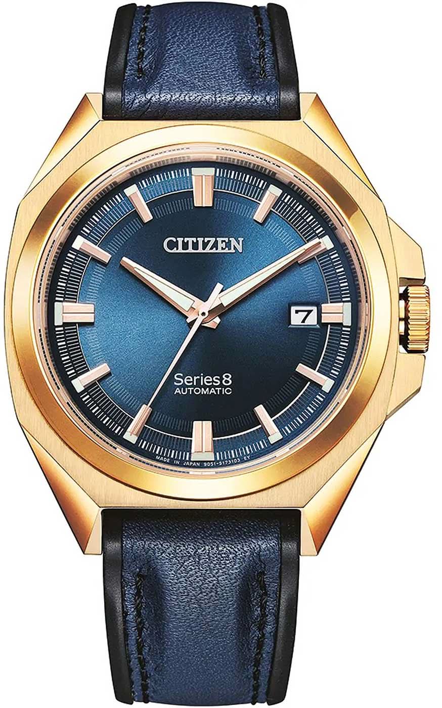 Herrenarmbanduhr mit blauem Zifferblatt, goldfarbener Lünette und blauem Lederarmband