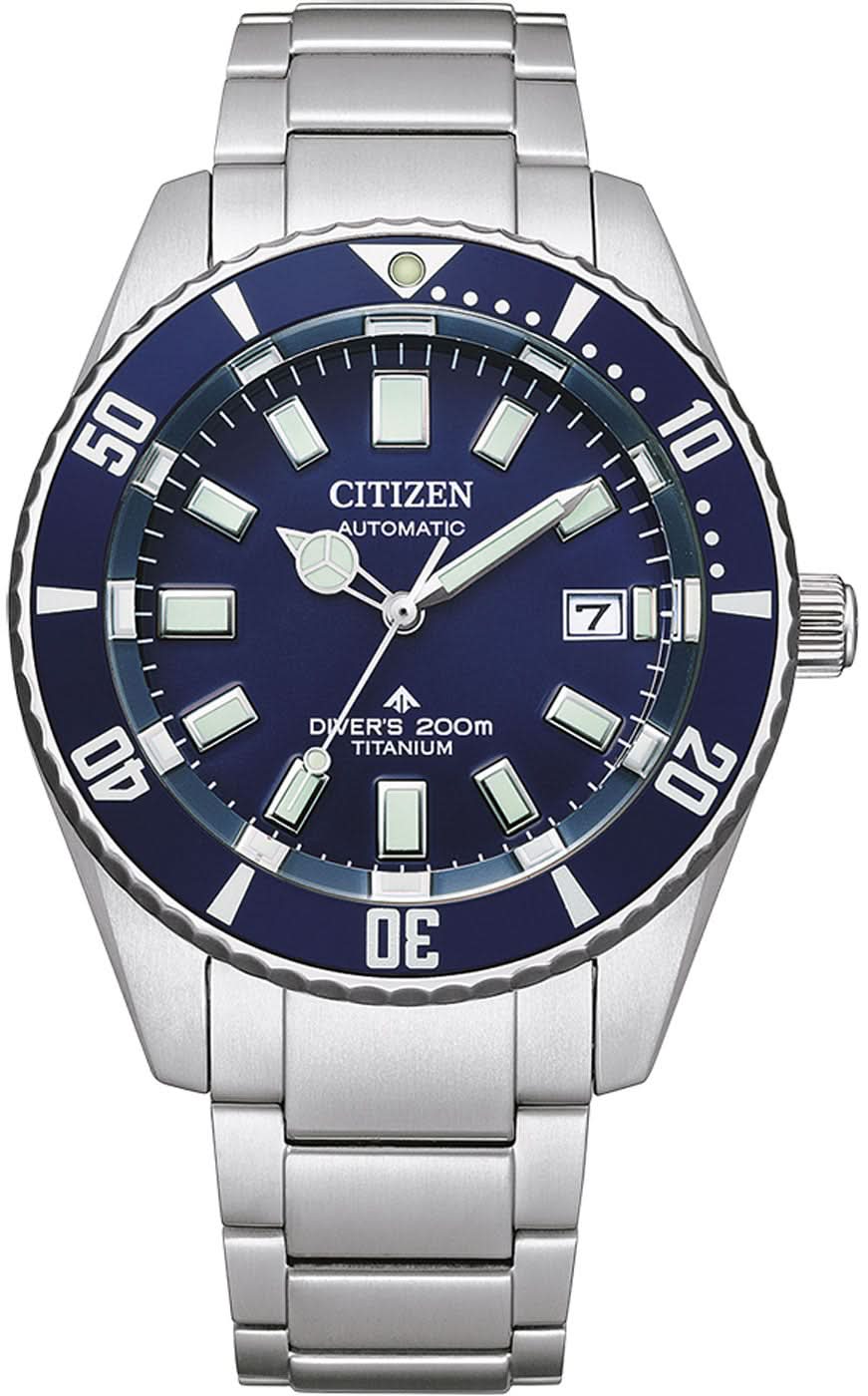 Montre de plongée avec cadran bleu, guichet date et bracelet en métal