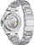 Edelstahl-Herrenarmbanduhr mit transparentem Gehäuseboden, sichtbar mechanisches Uhrwerk