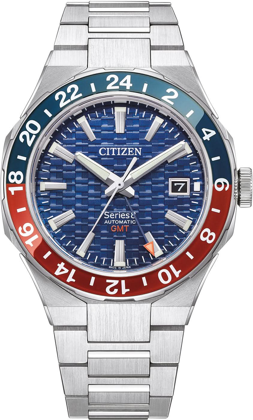 Edelstahl-Herrenarmbanduhr mit blauem Zifferblatt und zweifarbig rotem/blauen GMT-Lünette, Sicht auf Ziffern