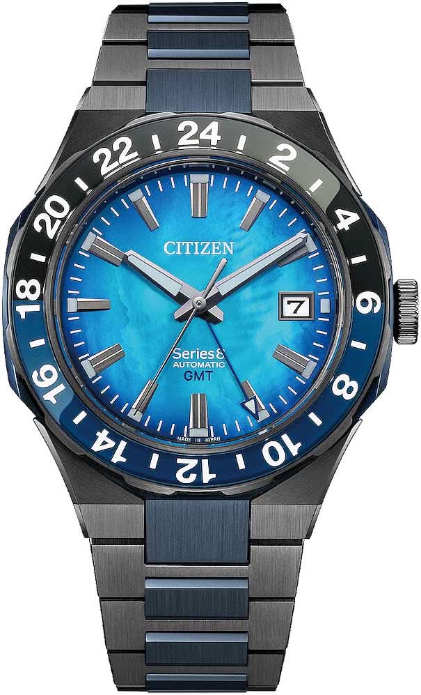 Montre automatique pour homme avec cadran bleu, lunette GMT et bracelet en métal