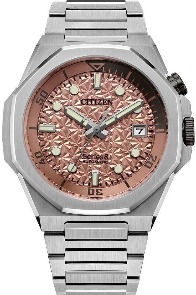 Herrenarmbanduhr, silbernes Edelstahlband, roségoldfarbenes Zifferblatt mit Datum