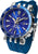 Montre homme avec cadran bleu, bracelet en caoutchouc bleu et boîtier argenté.