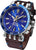 Montre homme avec cadran bleu, bracelet en cuir marron et lunette GMT argentée.