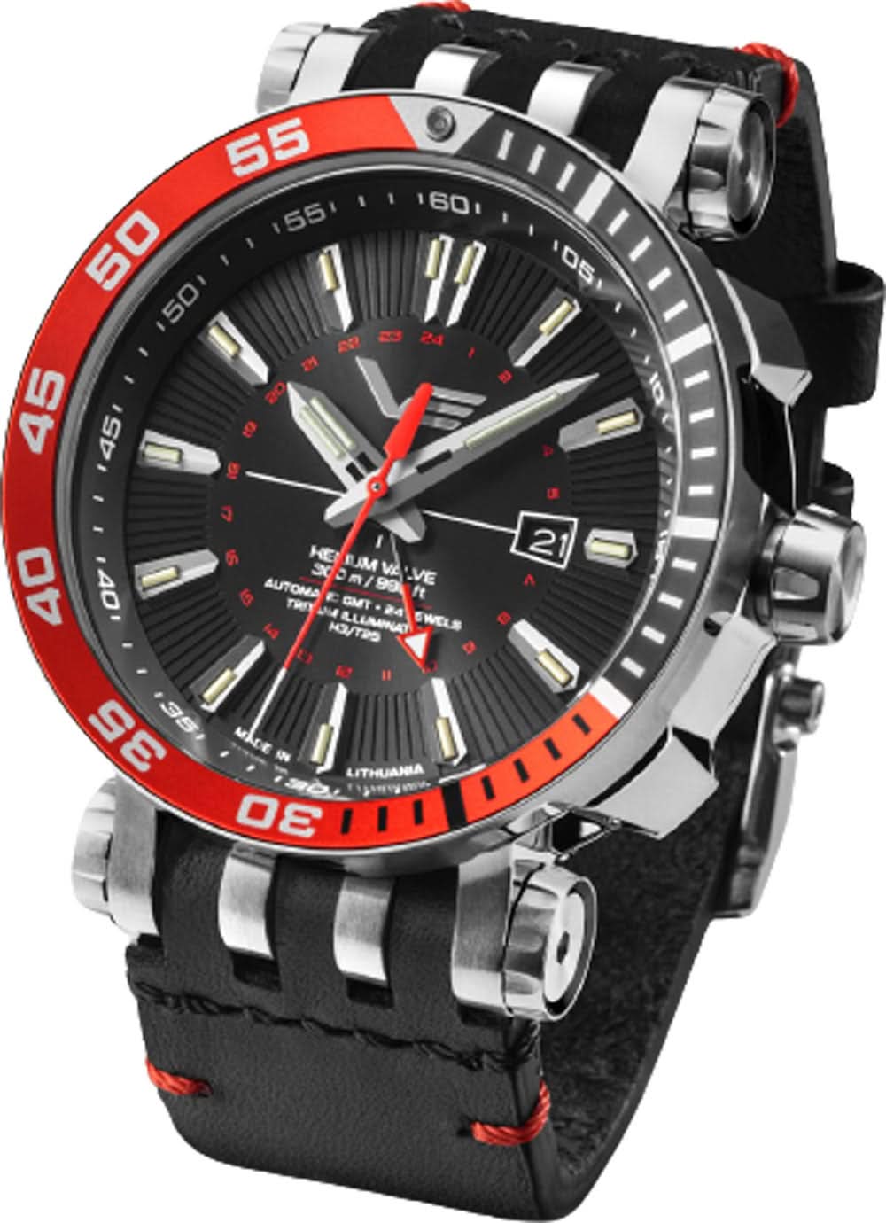 Bracelet de montre pour homme avec cadran noir, lunette rouge et bracelet en cuir noir
