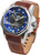 Bracelet de montre pour homme avec bracelet en cuir marron, boîtier argenté et cadran bleu.