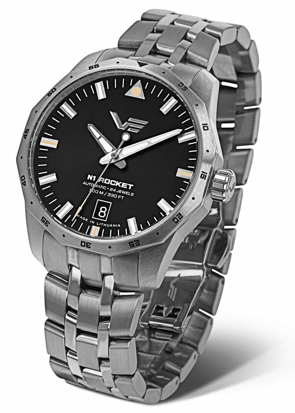 Montre automatique pour homme avec cadran noir et bracelet en acier inoxydable, lunette noire