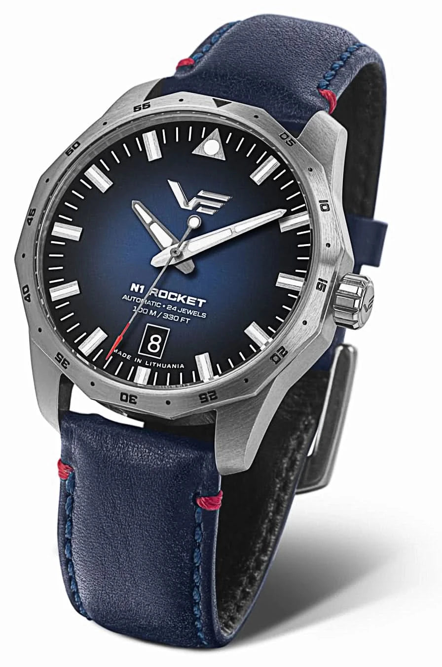 Bracelet de montre pour homme avec bracelet en cuir bleu foncé, cadran bleu et aiguilles distinctives