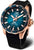Montre homme avec cadran bleu pétrole, lunette couleur or rose et bracelet en silicone noir