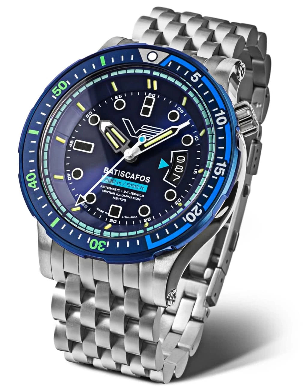 Montre Vostok Europe pour homme avec cadran bleu, bracelet en acier et aiguilles lumineuses