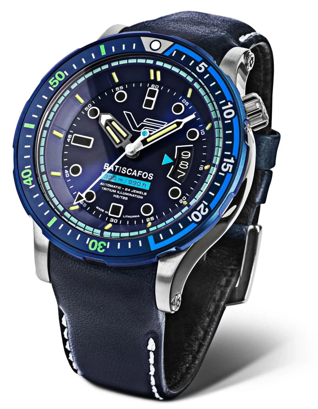 Montre de plongée pour homme avec cadran bleu, échelle de plongée et bracelet en cuir bleu