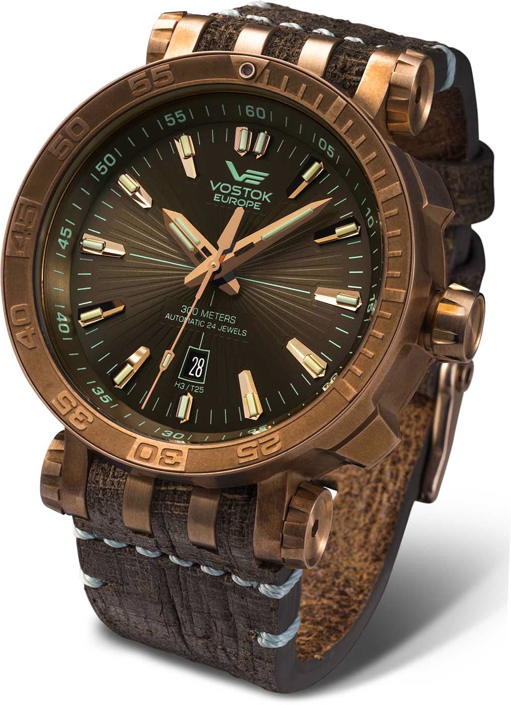 Montre homme avec boîtier couleur bronze, cadran marron et bracelet en cuir