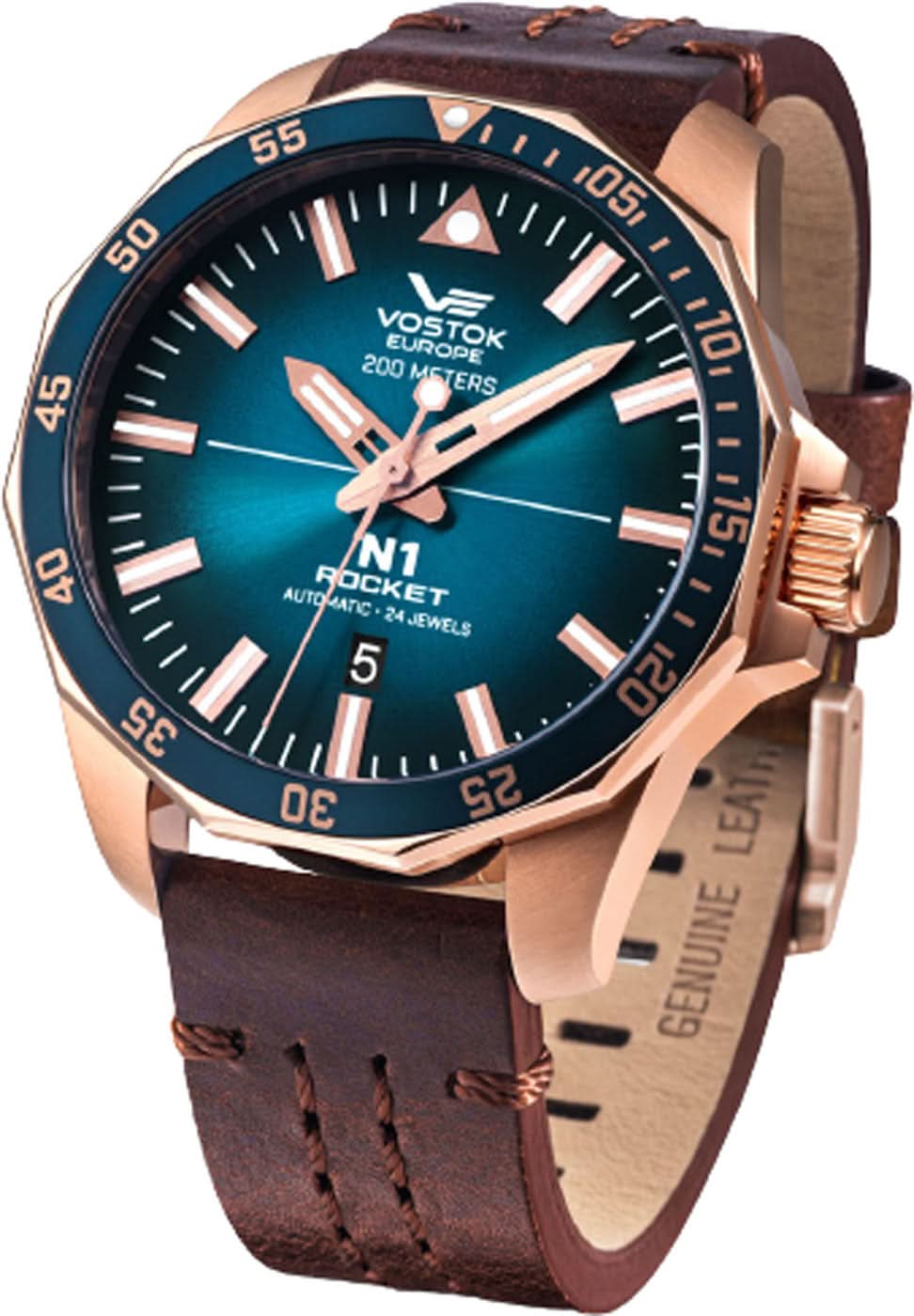 Montre Vostok Europe pour homme avec boîtier plaqué or rose, cadran bleu et bracelet en cuir marron