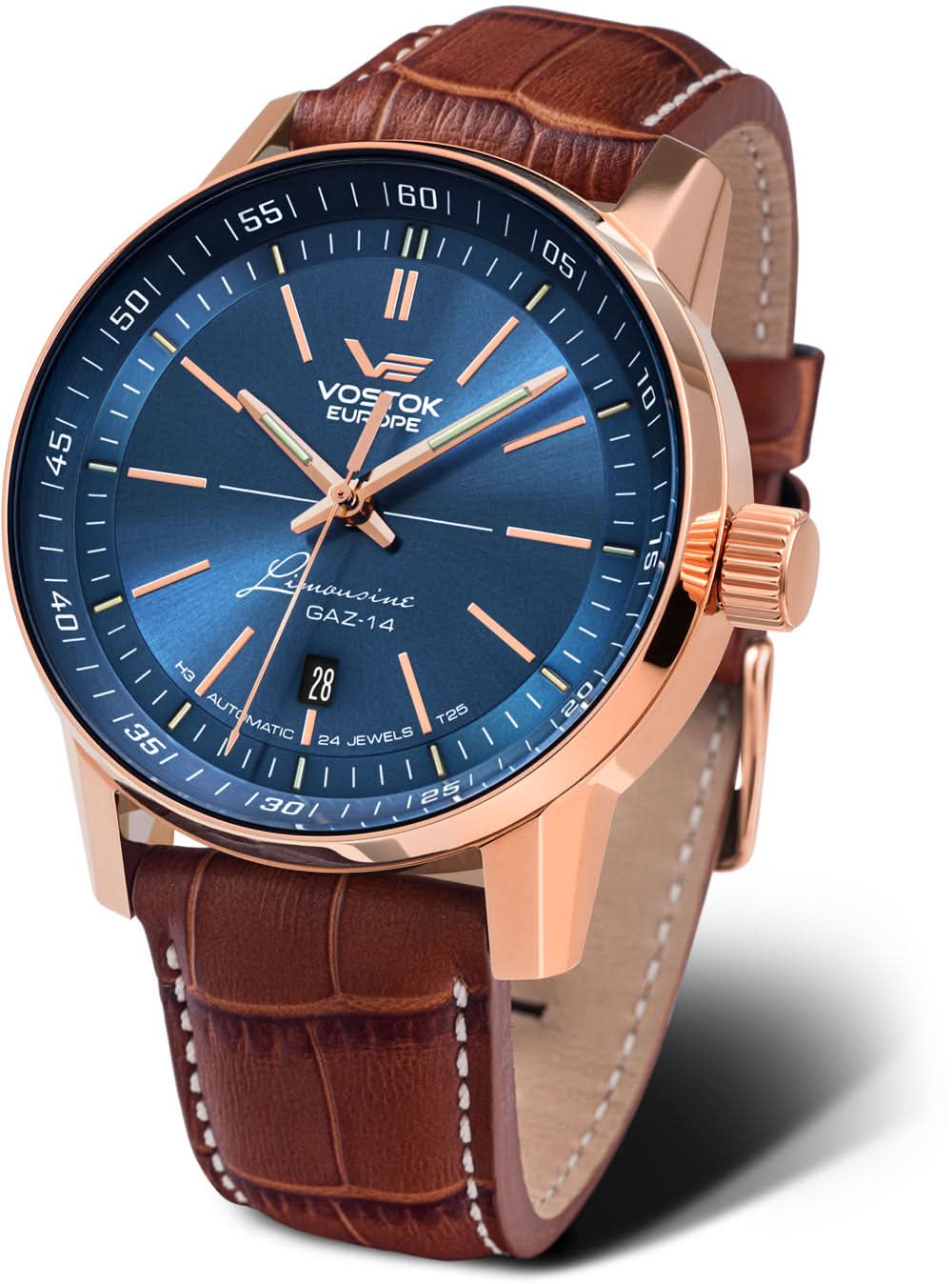 Montre homme : cadran bleu, boîtier or rose, bracelet cuir marron