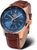 Montre homme : cadran bleu, boîtier or rose, bracelet cuir marron