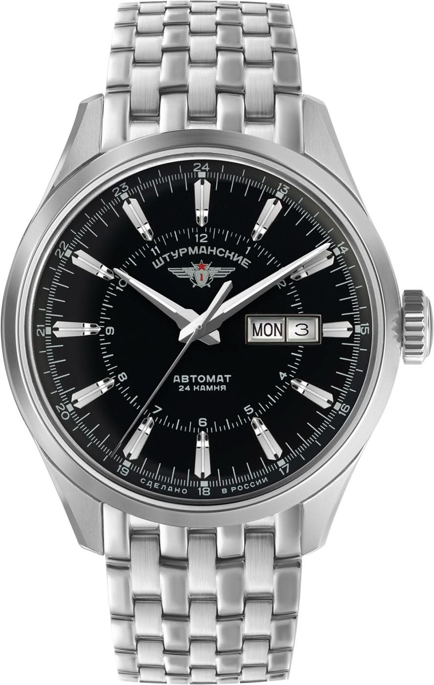 Montre homme avec cadran noir, bracelet en métal et affichage de la date 'LUN'