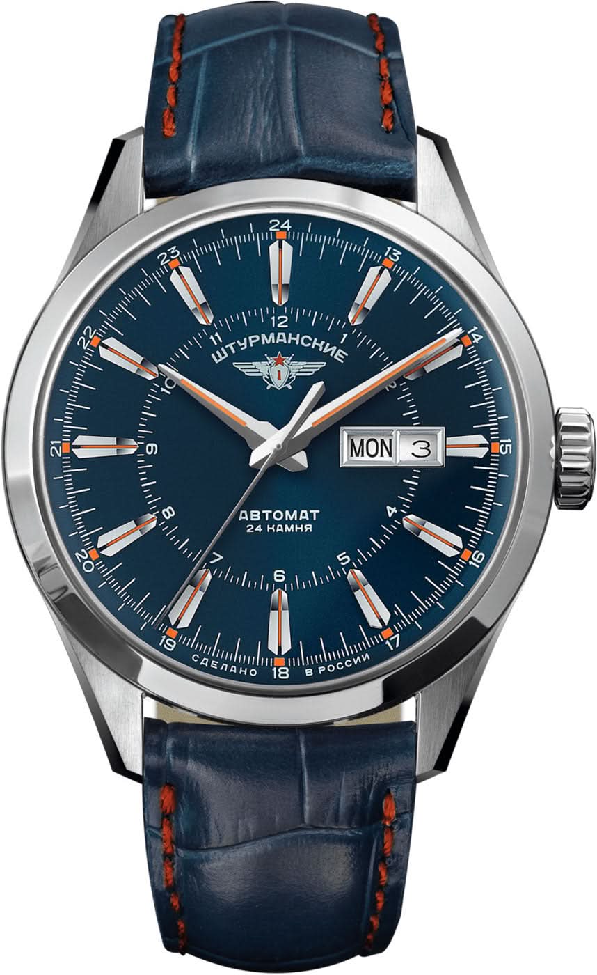 Montre pour homme : cadran bleu, boîtier argenté, bracelet en cuir bleu foncé