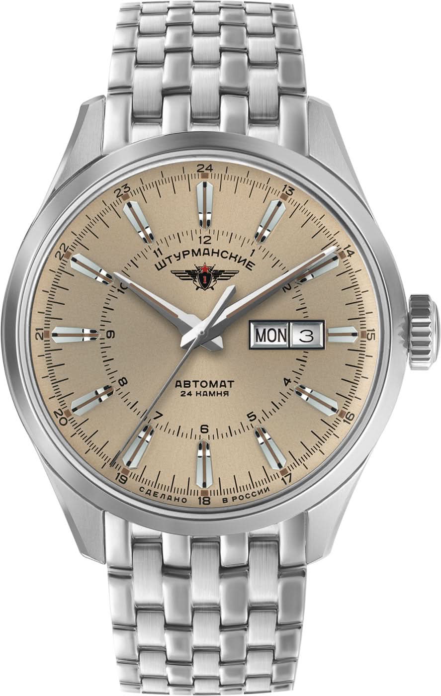 Bracelet de montre pour homme en argent avec cadran beige et affichage de la date