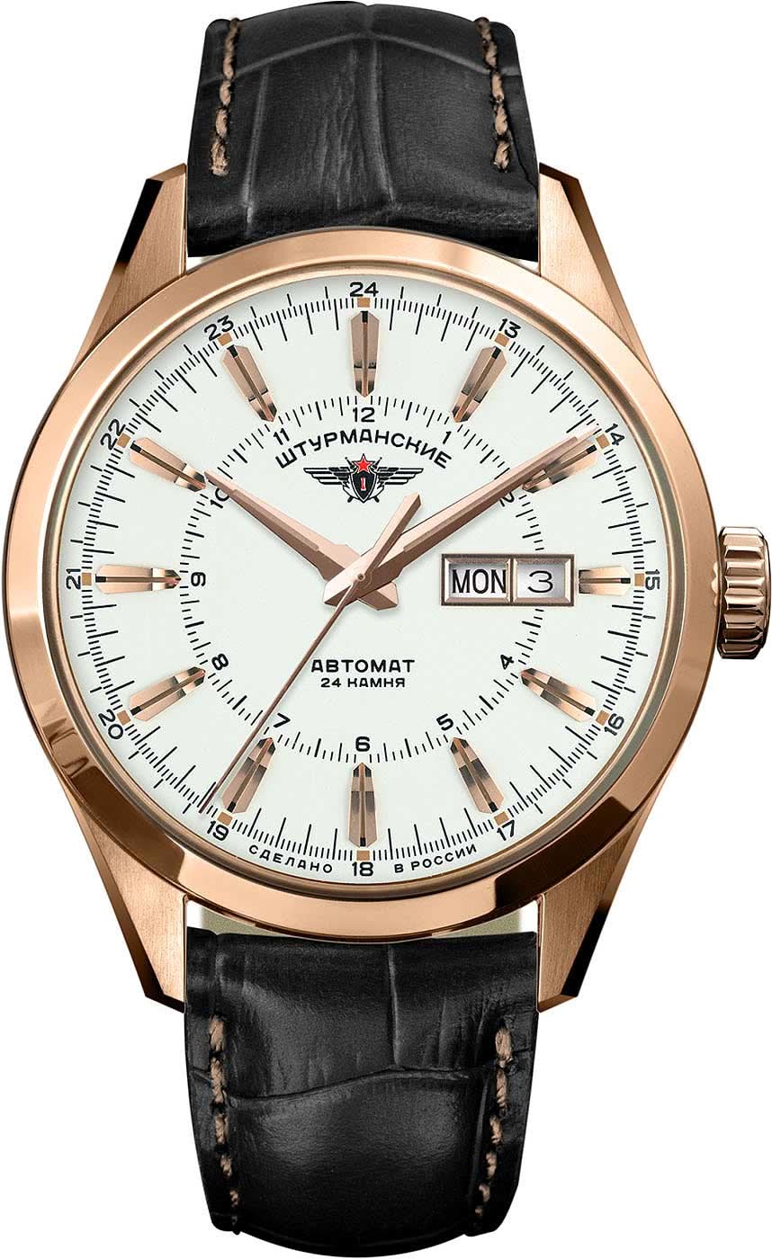 Bracelet de montre pour homme avec bracelet en cuir noir, boîtier or rose et cadran blanc
