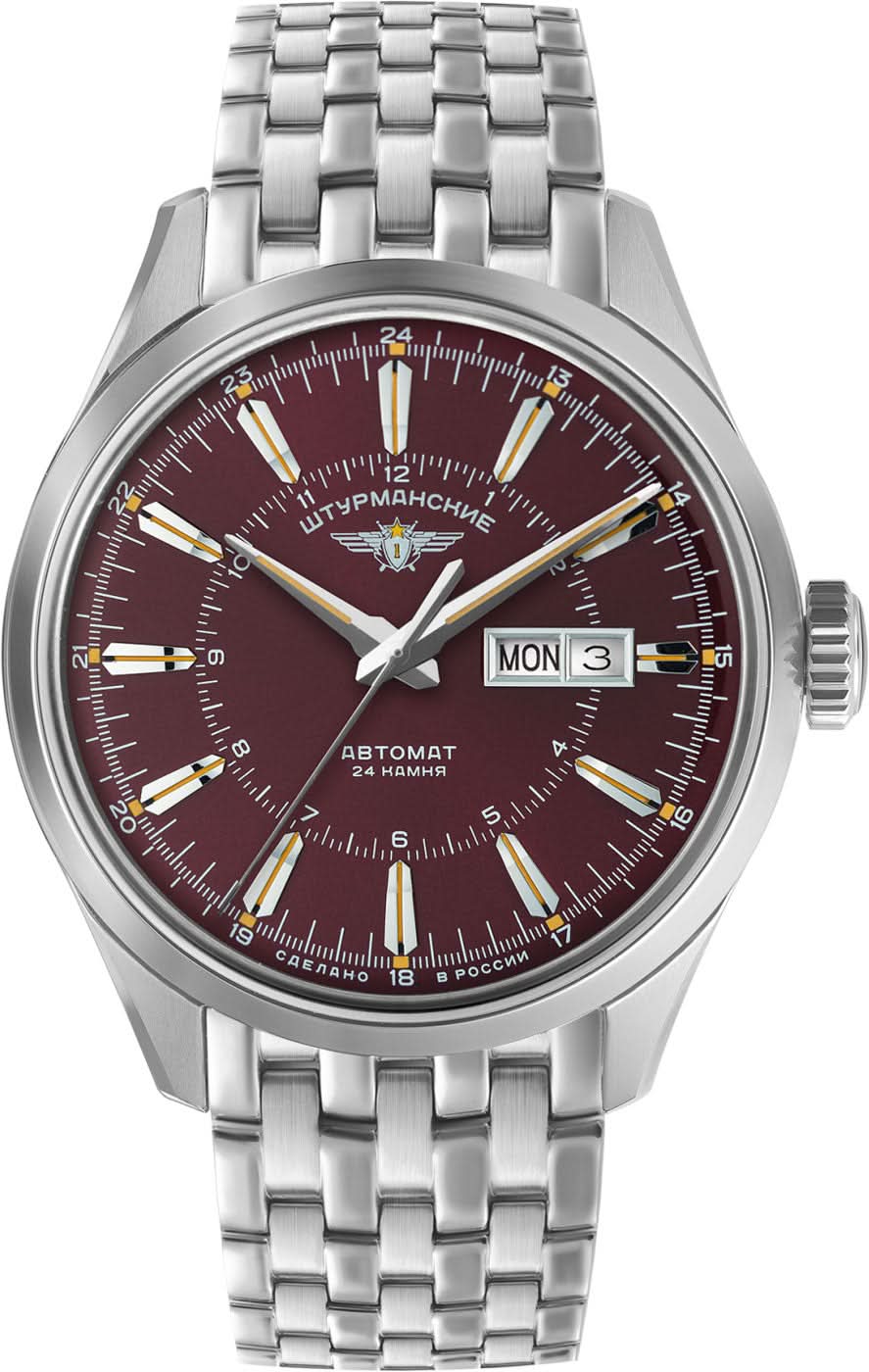 Montre pour homme avec bracelet en acier inoxydable argenté et cadran bordeaux, date