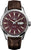 Montre bracelet pour homme, vue de face, avec cadran bordeaux, bracelet en cuir marron et date