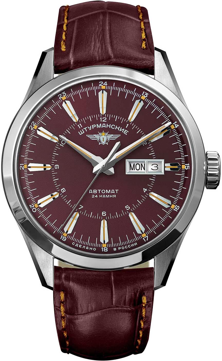 Bracelet de montre pour homme avec cadran bordeaux, bracelet en cuir marron et affichage de la date « LUN »