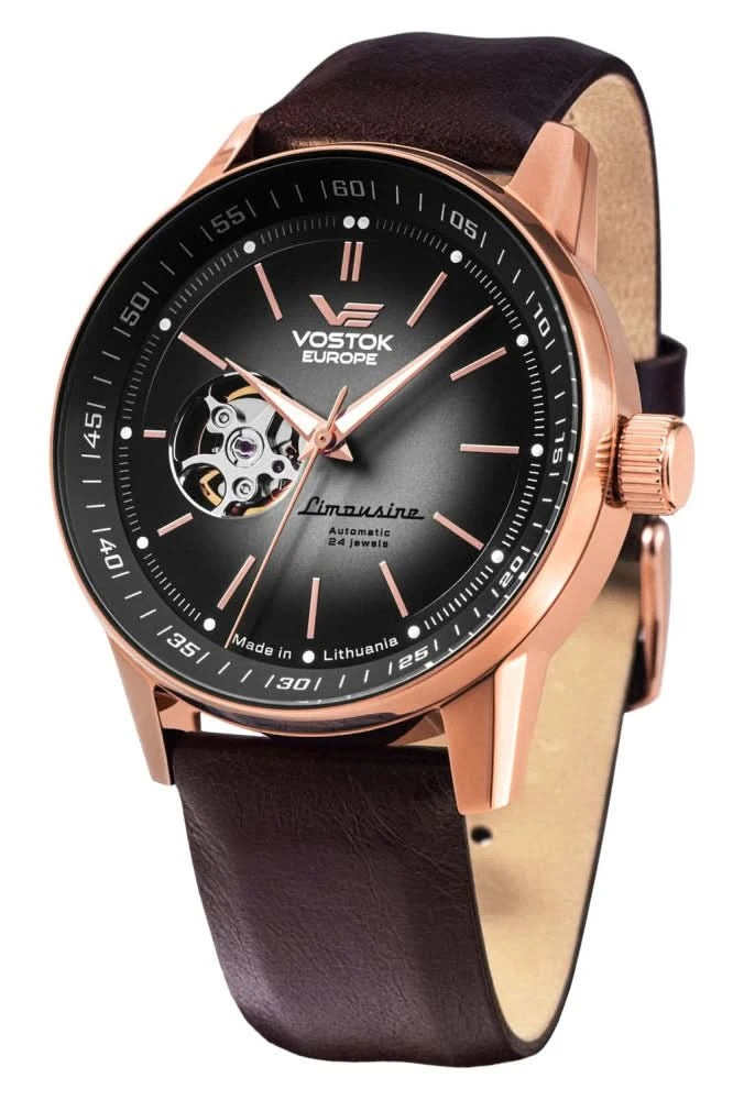 Montre pour homme avec boîtier couleur or rose, cadran noir et bracelet en cuir