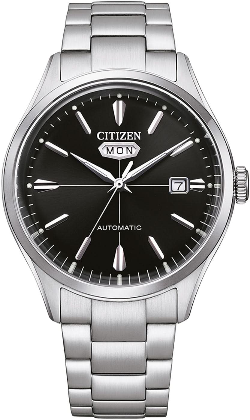 Bracelet de montre pour homme avec cadran noir, bracelet en acier inoxydable, automatique et guichet de date