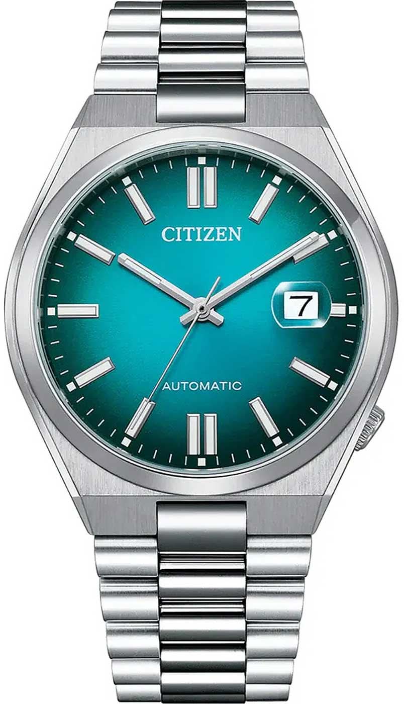 Montre homme avec cadran vert, bracelet en acier argenté et affichage de la date à 7 heures