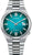 Montre homme avec cadran vert, bracelet en acier argenté et affichage de la date à 7 heures