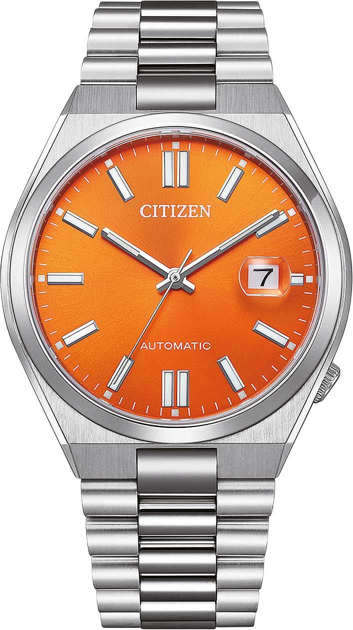 Montre pour homme : cadran orange, guichet date, bracelet en acier inoxydable