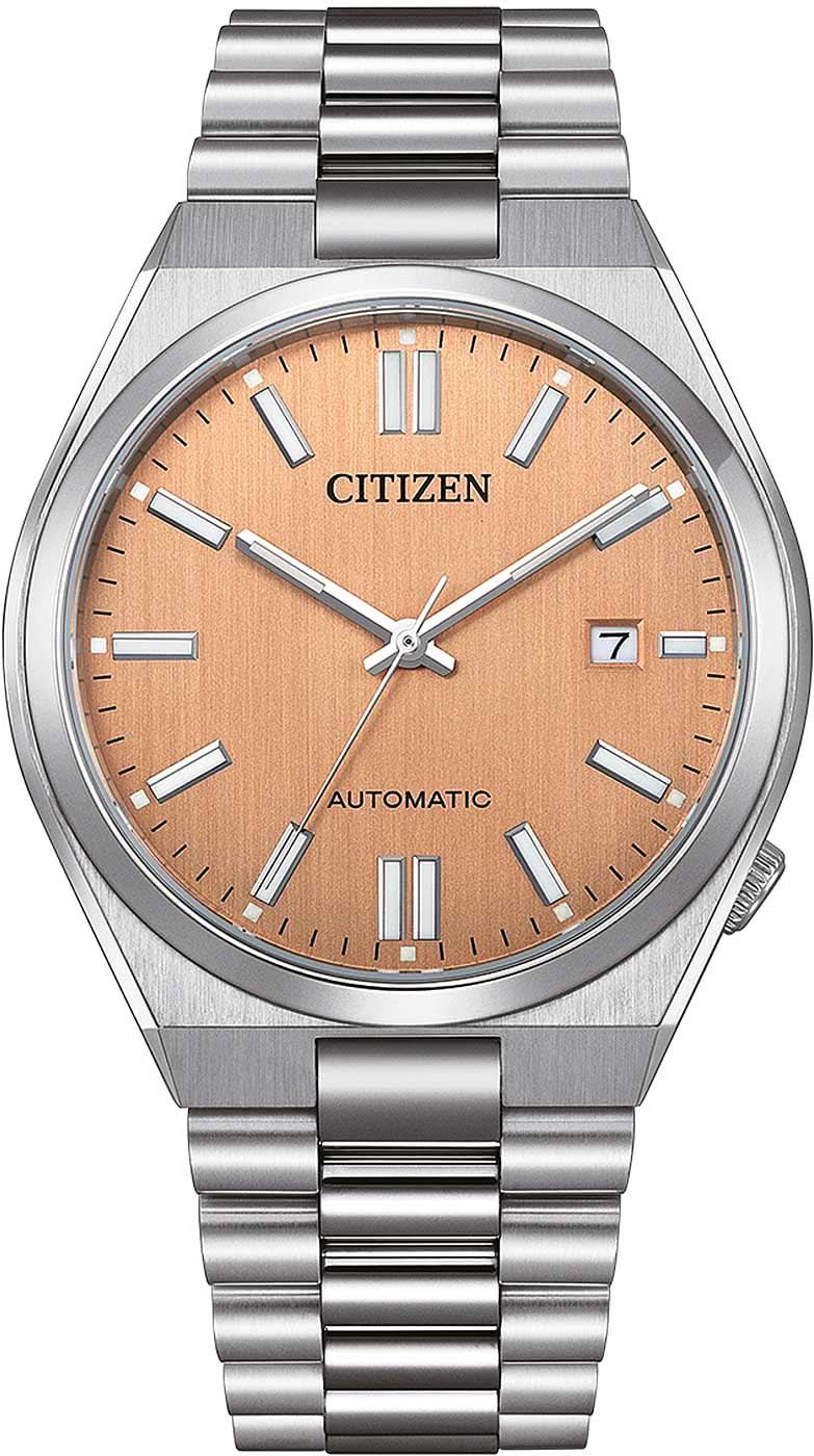 Montre homme avec bracelet en acier inoxydable, cadran orange, guichet date, mouvement automatique