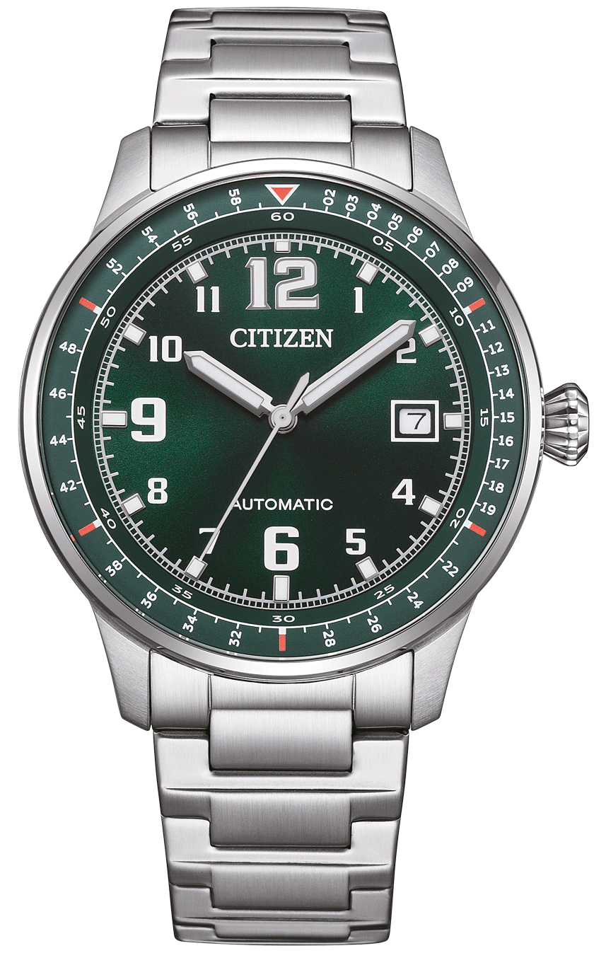 Bracelet de montre pour homme avec cadran vert, bracelet en métal argenté et date à 4 heures