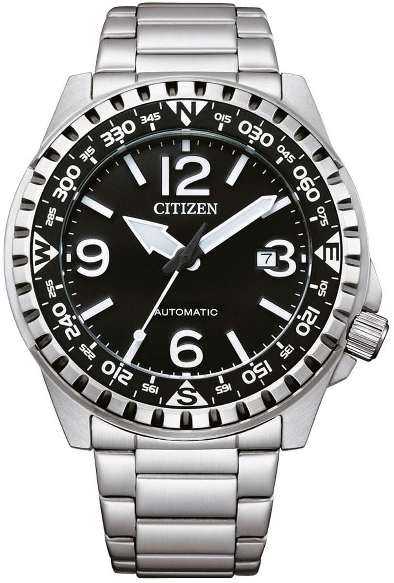 Bracelet de montre Citizen avec cadran noir et bracelet en acier inoxydable argenté